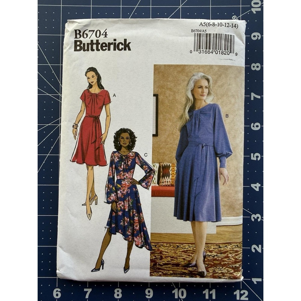 Butterick Pattern B6704 Dress w Gathered Front, Pleat Detail & Sash Size 6-14 UC